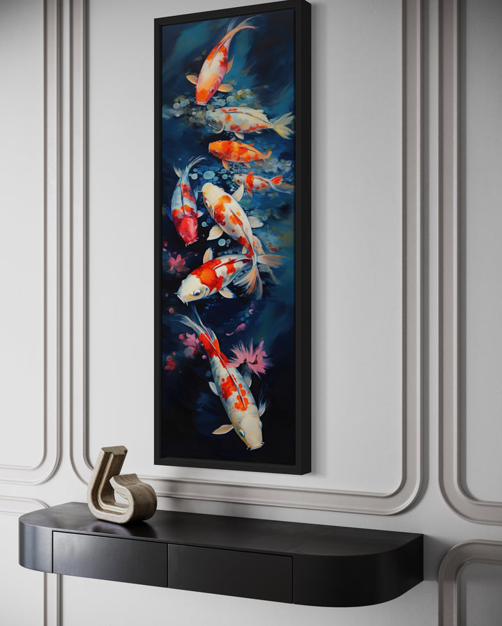 Tall Narrow Koi Fish Vertical Navy Blue Framed Canvas Wall Art