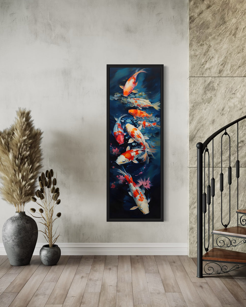 Tall Narrow Koi Fish Vertical Navy Blue Framed Canvas Wall Art