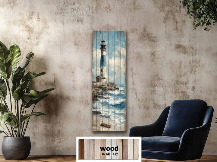Tall Narrow Lighthouse Distressed Wood Wall Art For Coastal Decor