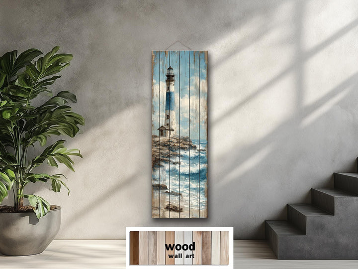 Tall Narrow Lighthouse Distressed Wood Wall Art For Coastal Decor