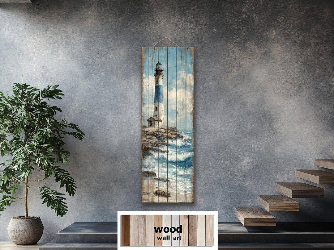 Tall Narrow Lighthouse Distressed Wood Wall Art For Coastal Decor