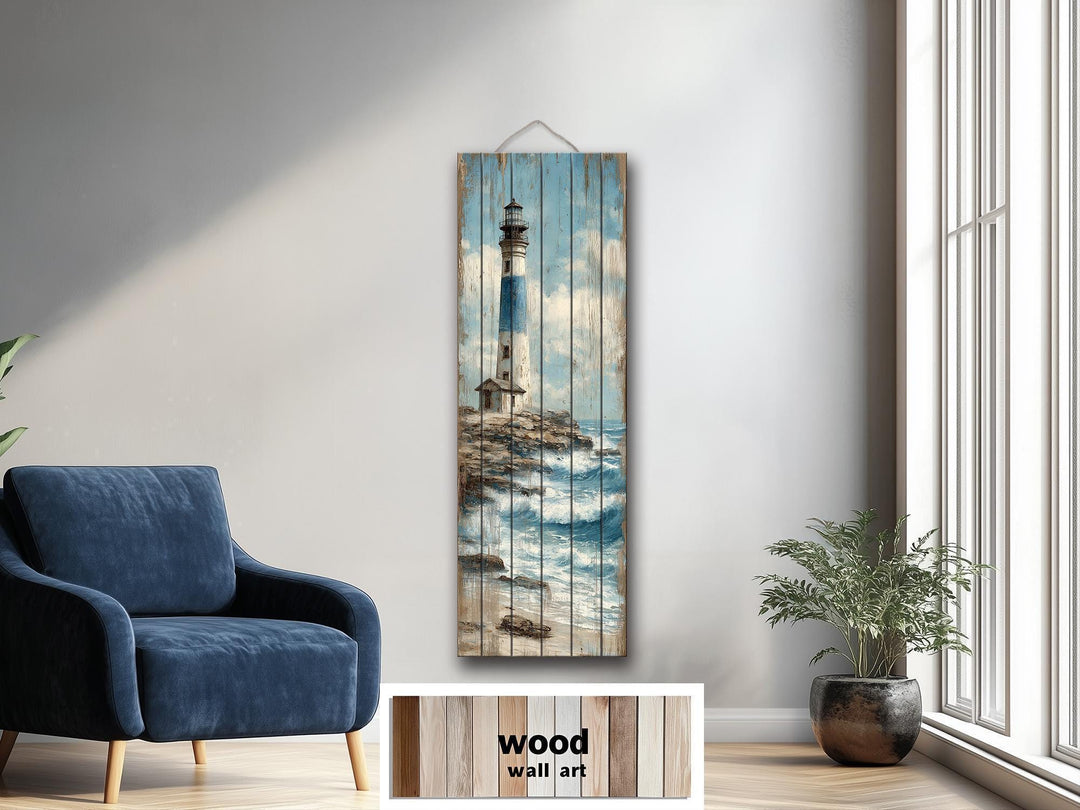 Tall Narrow Lighthouse Distressed Wood Wall Art For Coastal Decor