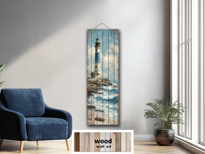 Tall Narrow Lighthouse Distressed Wood Wall Art For Coastal Decor