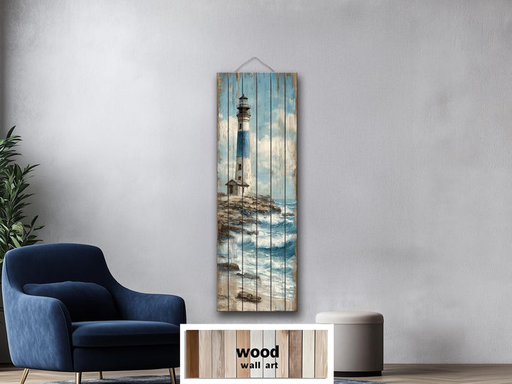 Tall Narrow Lighthouse Distressed Wood Wall Art For Coastal Decor