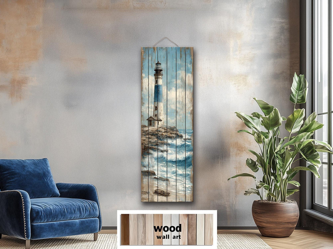 Tall Narrow Lighthouse Distressed Wood Wall Art For Coastal Decor