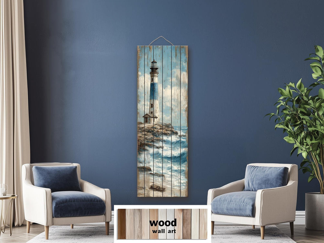 Tall Narrow Lighthouse Distressed Wood Wall Art For Coastal Decor