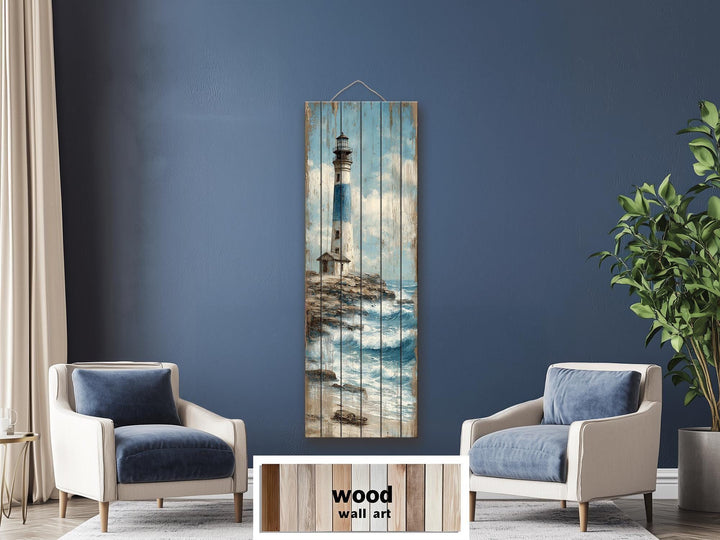 Tall Narrow Lighthouse Distressed Wood Wall Art For Coastal Decor