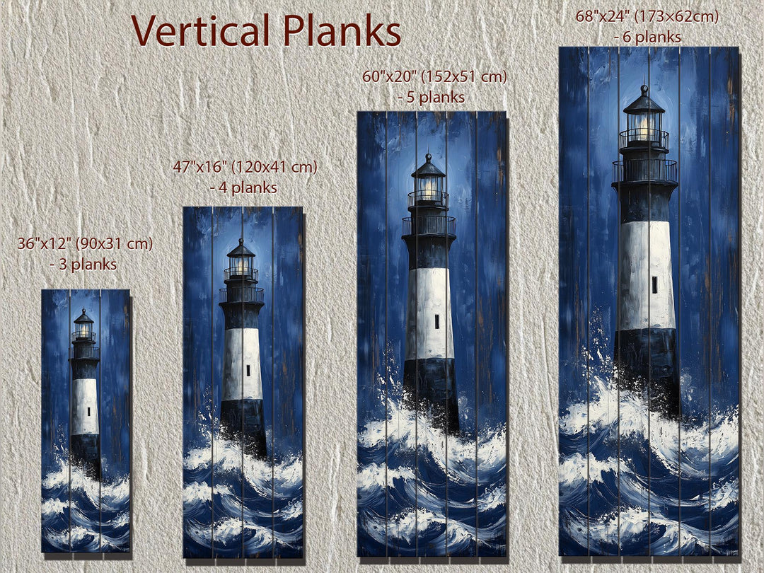 Vertical lighthouse wood wall art shown in four sizes ranging from three to six planks.