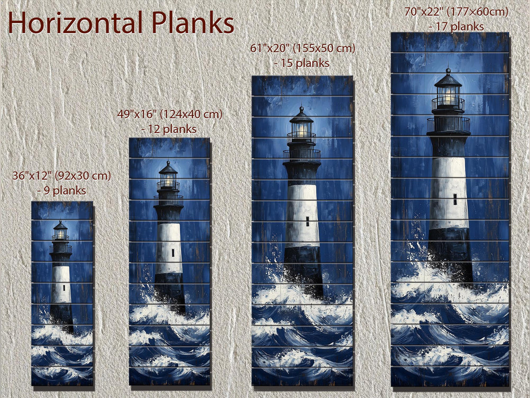Vertical lighthouse wall art on horizontal wood planks, available in four sizes.