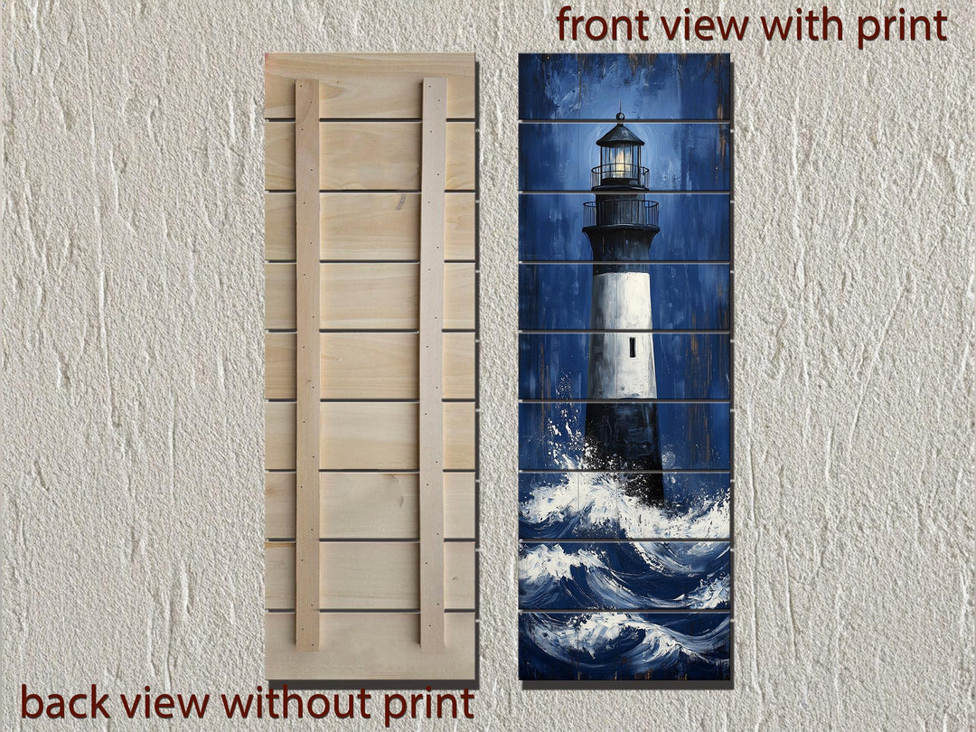 Vertical wood wall art featuring a lighthouse in ocean waves, shown from front and back views.