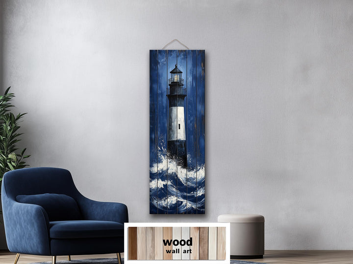 Tall narrow lighthouse in ocean waves vertical distressed wood wall art in a modern living room.