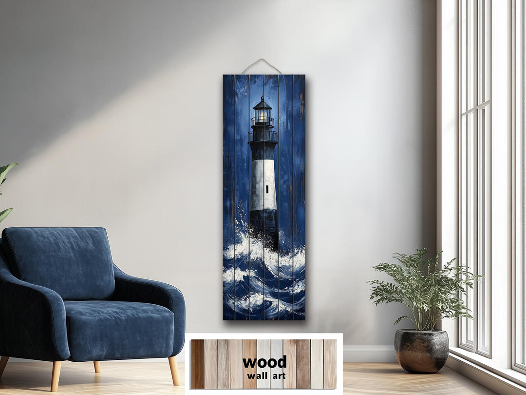 Vertical distressed wood wall art featuring a tall lighthouse amidst crashing ocean waves.