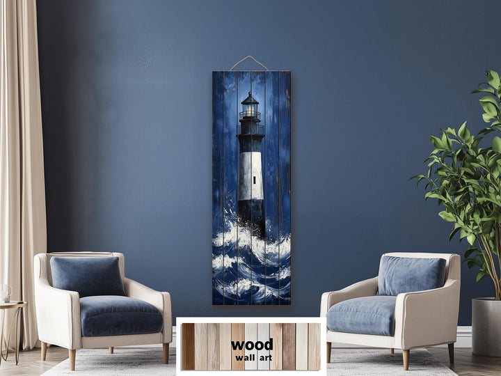 Vertical distressed wood wall art featuring a tall lighthouse amidst crashing ocean waves.