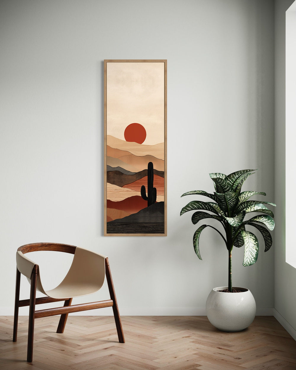 Tall Narrow Boho Minimalist Mid Century Modern Desert Sunset Vertical Wall Art in living room