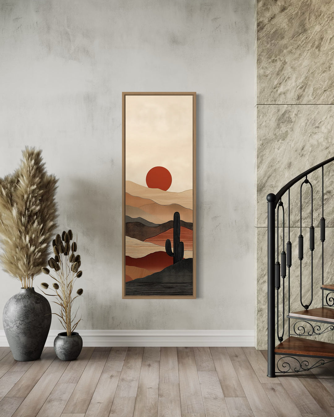 Tall Narrow Mid Century Modern Desert Sunset Vertical Wall Art