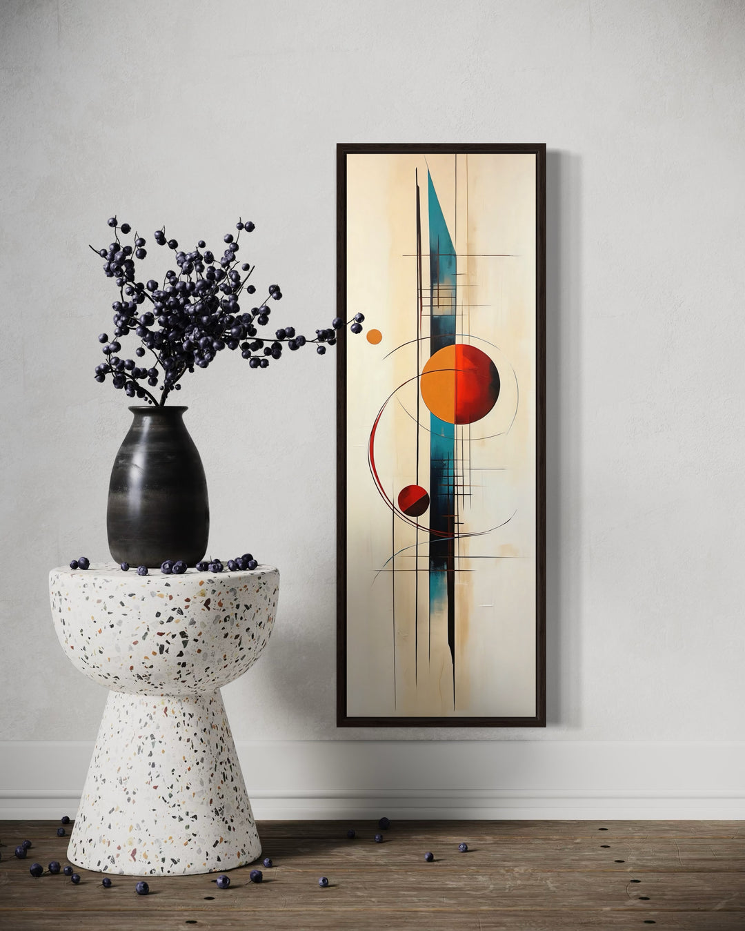 Tall Narrow Mid Century Modern Geometric Vertical Framed Canvas Wall Art