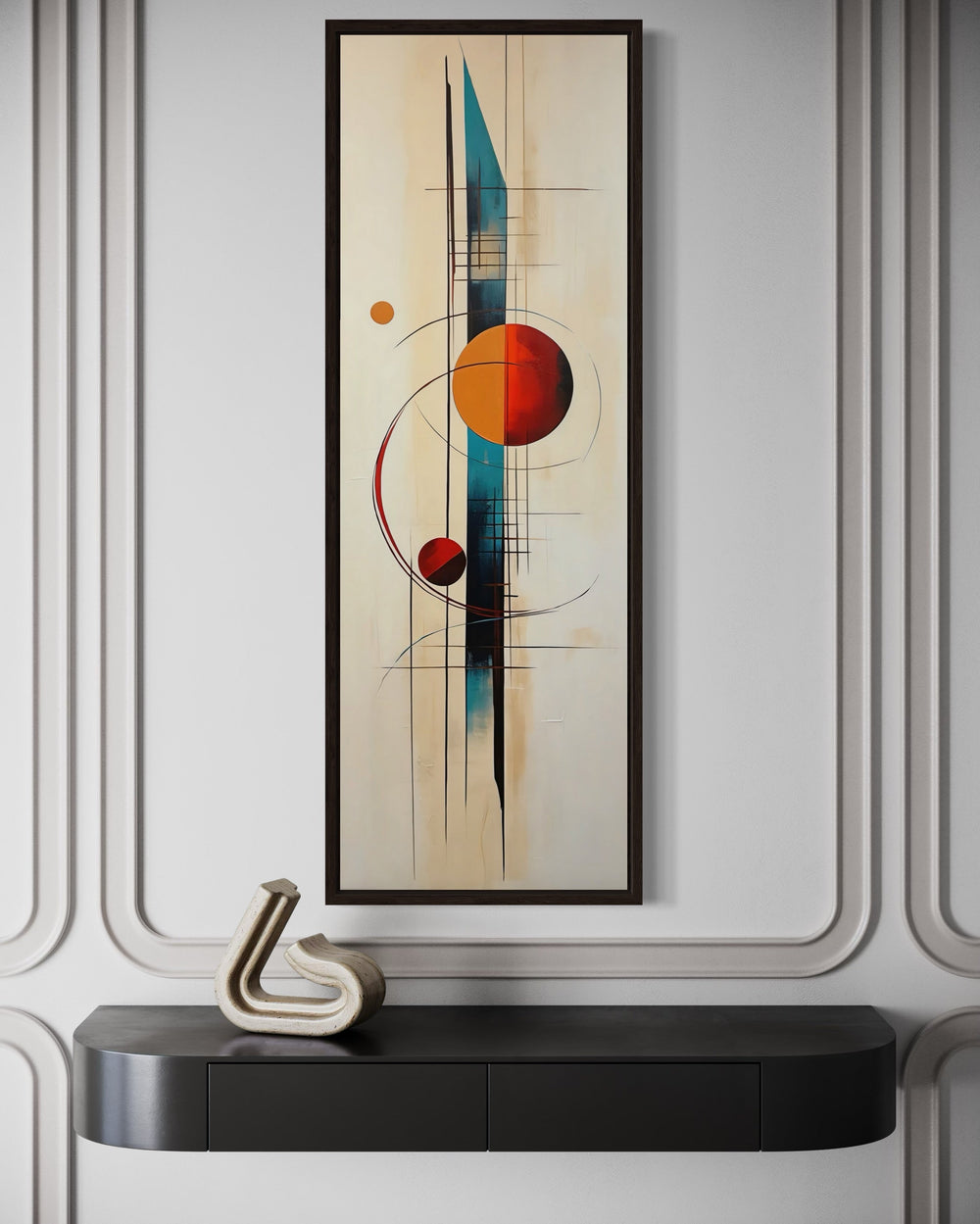 Tall Narrow Mid Century Modern Geometric Vertical Framed Canvas Wall Art close up