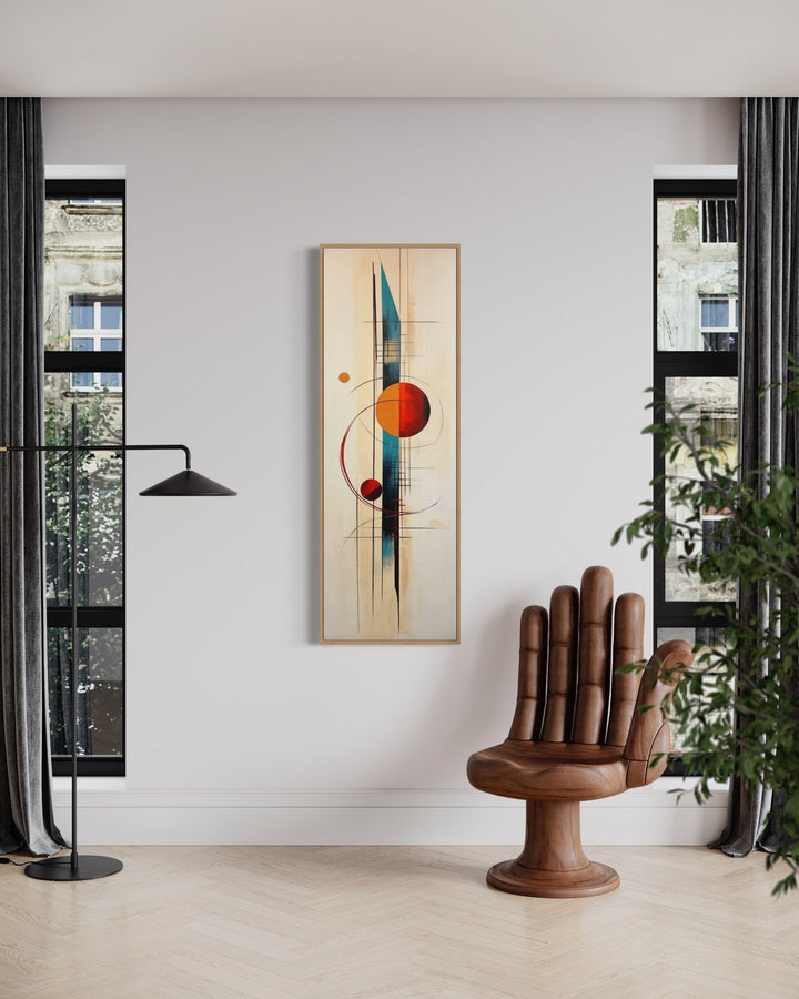 Tall Narrow Mid Century Modern Geometric Vertical Framed Canvas Wall Art