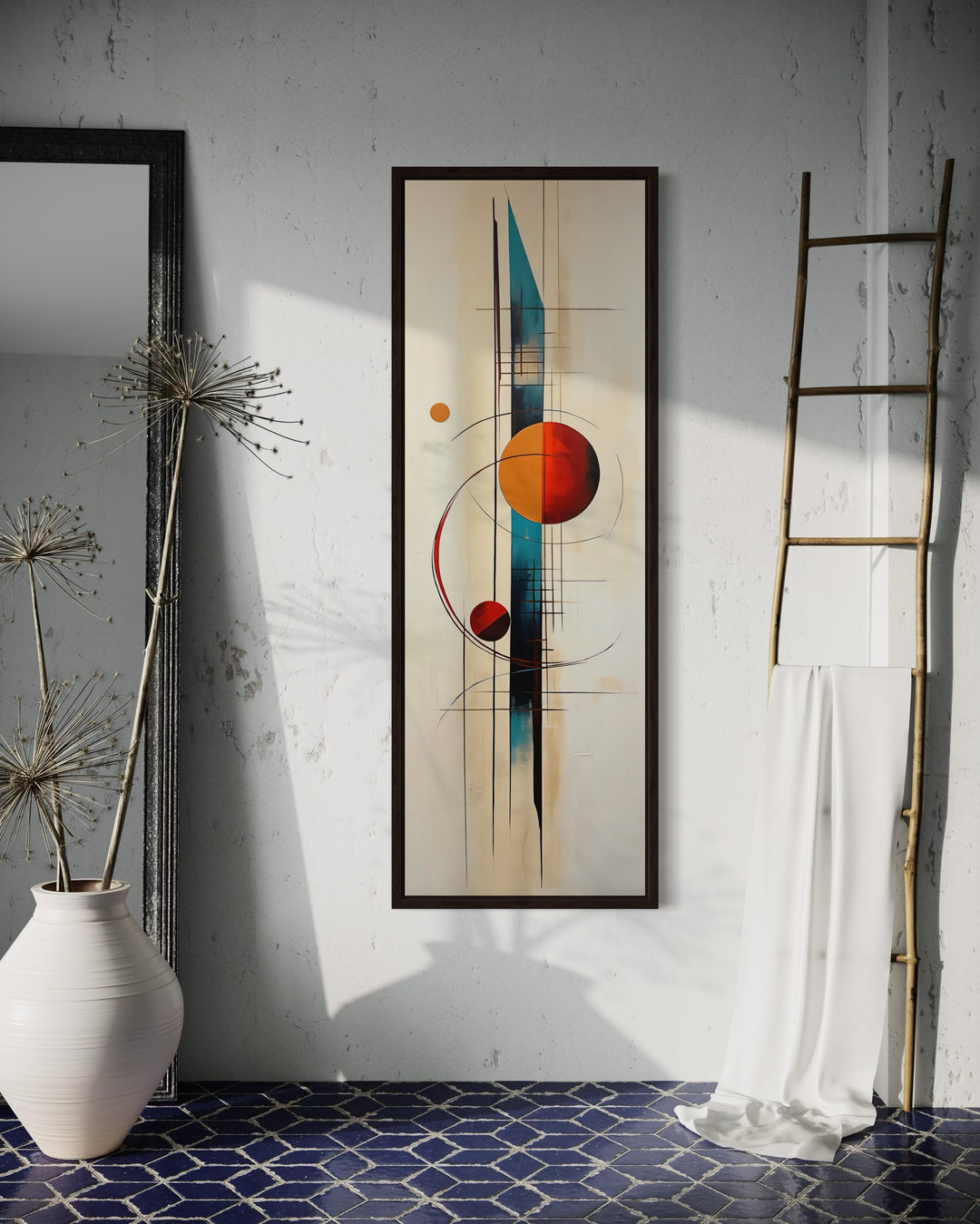 Tall Narrow Mid Century Modern Geometric Vertical Framed Canvas Wall Art