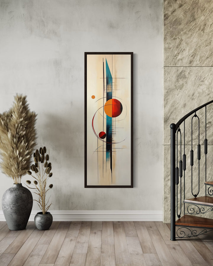 Tall Narrow Mid Century Modern Geometric Vertical Framed Canvas Wall Art