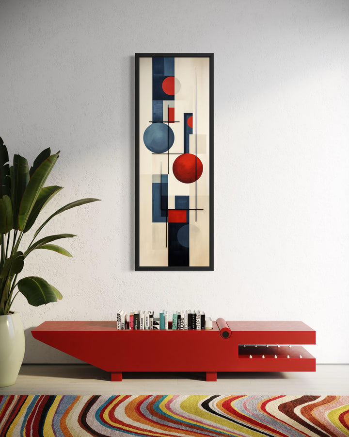 Tall narrow mid-century modern geometric wall art with abstract red and blue circles and lines.