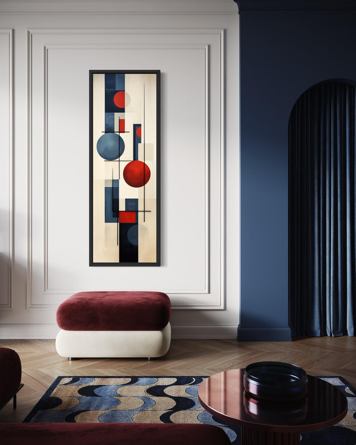 Tall narrow mid-century modern geometric wall art with abstract red and blue circles and lines.