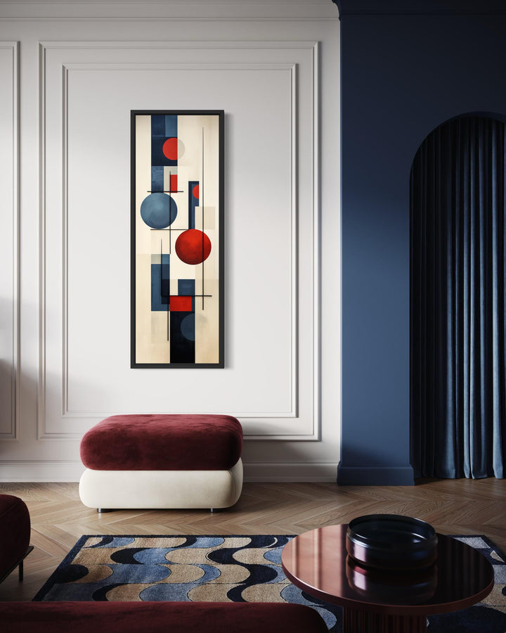 Tall narrow mid-century modern geometric wall art with a vertical red and blue abstract composition.
