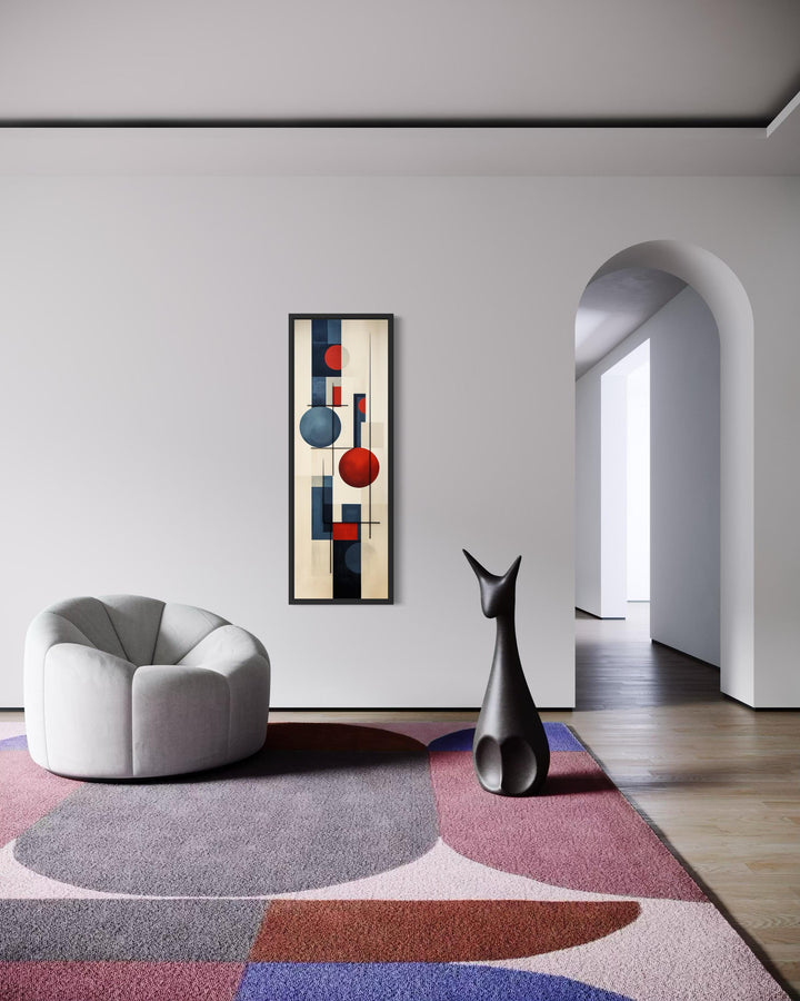 Tall narrow mid-century modern geometric wall art with a vertical red and blue abstract composition.