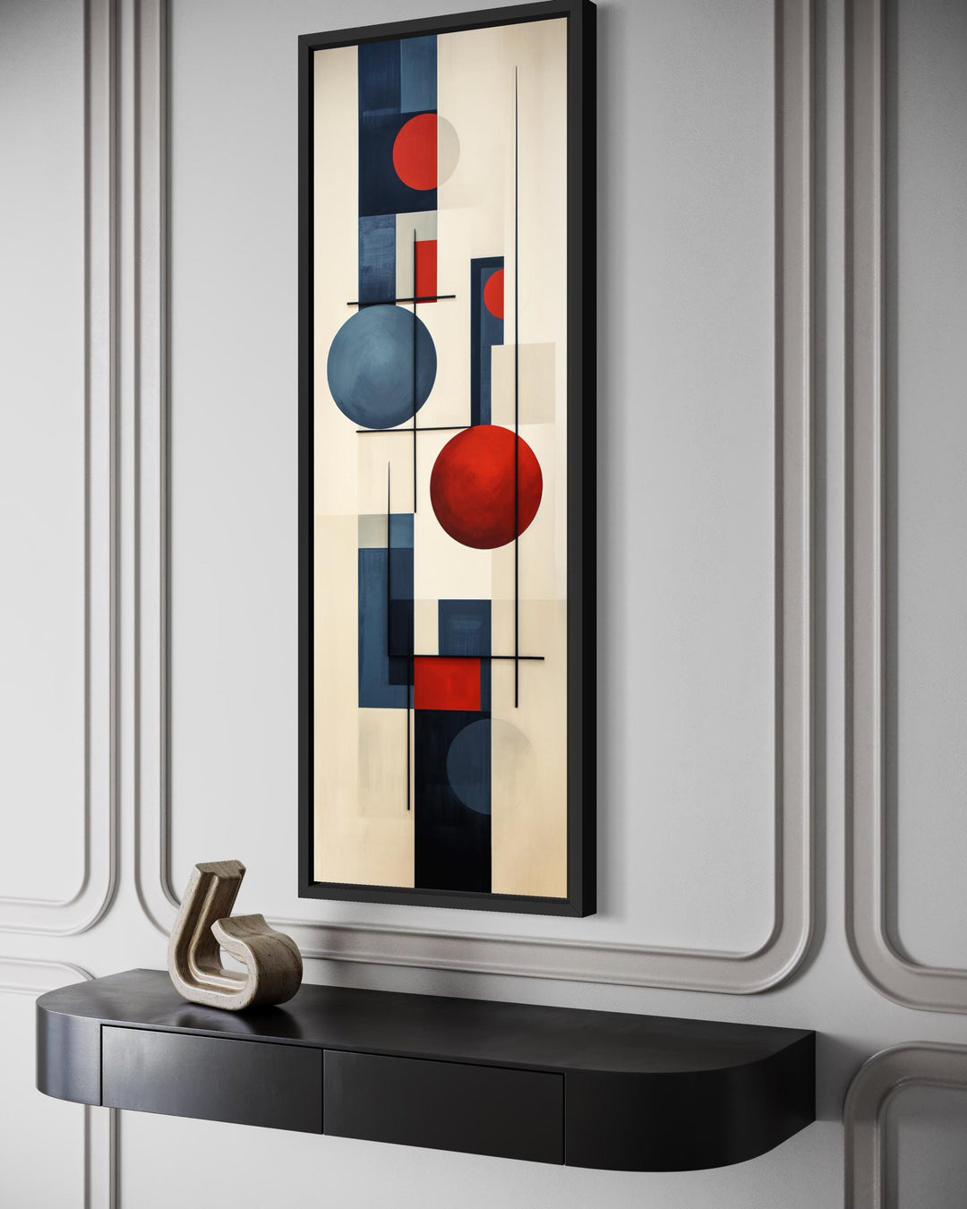 Tall narrow mid-century modern geometric wall art with a red and blue circle and line composition.