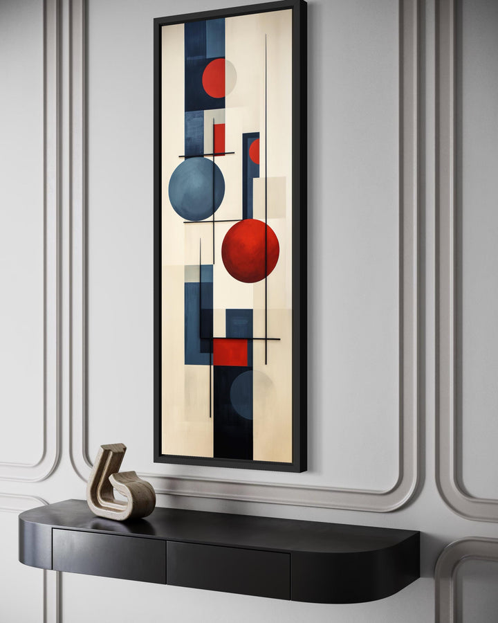 Tall narrow mid-century modern geometric wall art with a red and blue circle and line composition.