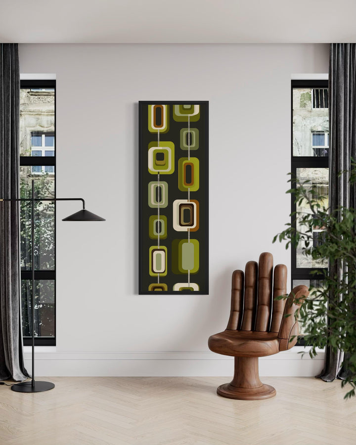 Tall narrow mid-century modern canvas print with olive green and mustard geometric shapes.