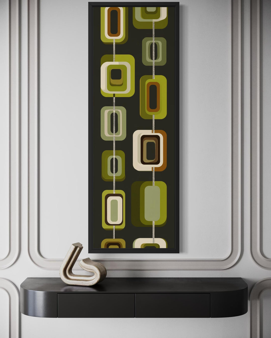 Tall narrow mid-century modern vertical canvas print with olive green and mustard geometric shapes.
