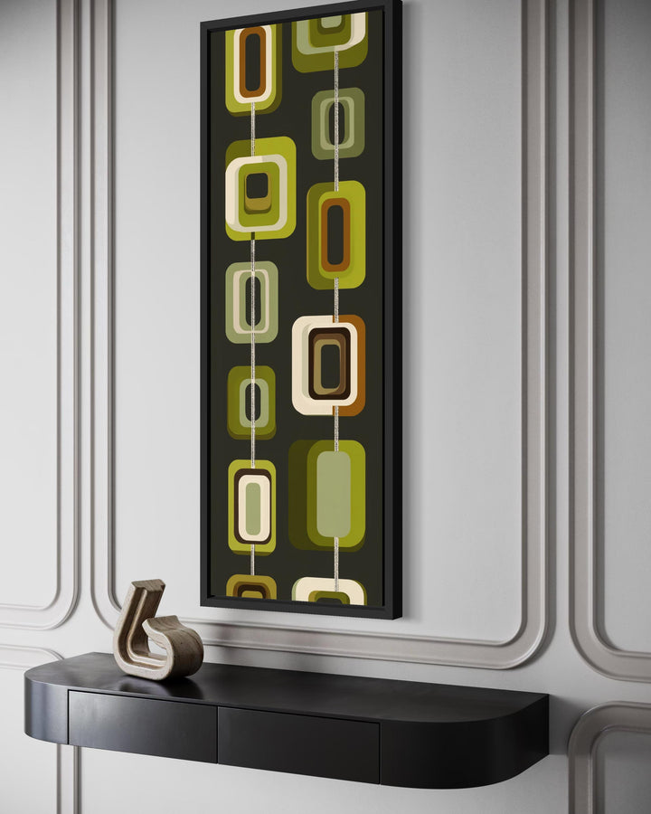 Tall narrow mid-century modern canvas print with olive green and mustard geometric shapes.