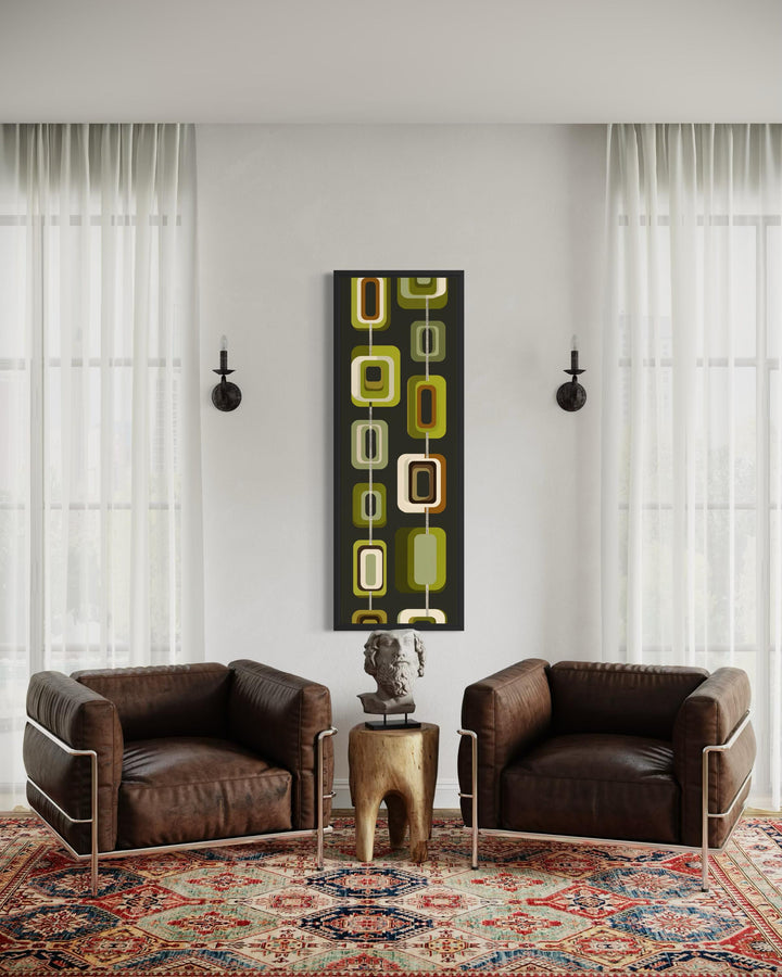 Tall narrow vertical canvas print with mid-century modern olive green and mustard geometric shapes.