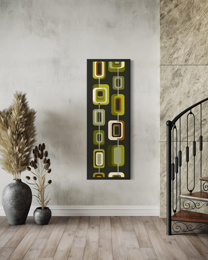 Tall narrow mid-century modern olive green wall art with geometric shapes on a vertical canvas.