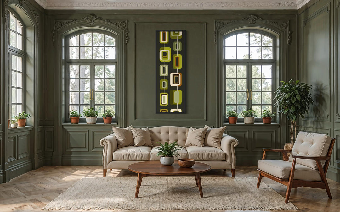 Tall narrow mid-century modern olive green geometric canvas print in a classic living room.