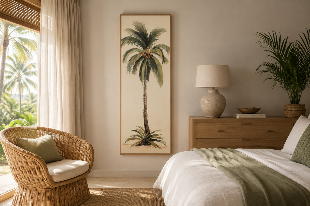 Tall narrow mid century modern vertical wall art featuring a detailed palm tree on a beige canvas.