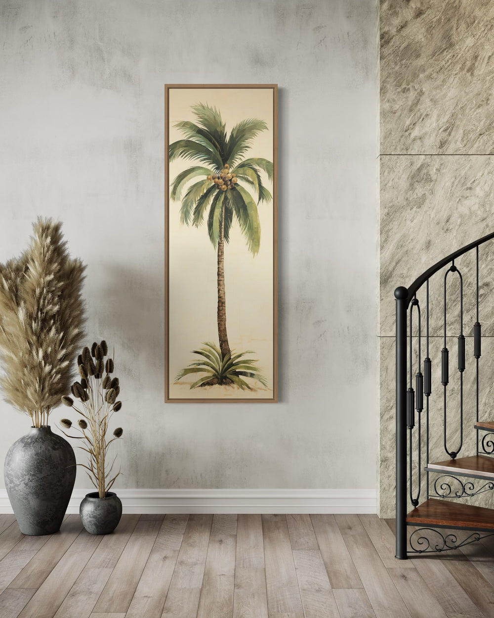 Tall narrow mid century modern palm tree vertical wall art.