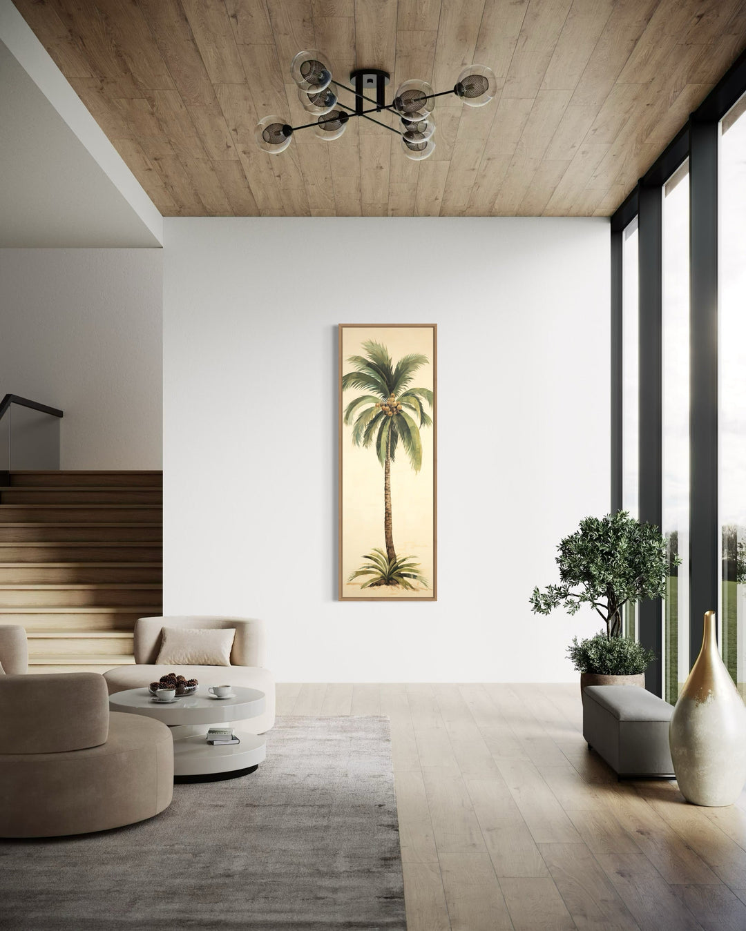 Tall narrow mid century modern palm tree vertical wall art.