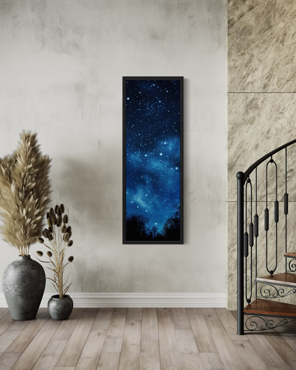 Tall Narrow Milky Way Stars Navy Blue Vertical Framed Canvas Wall Art