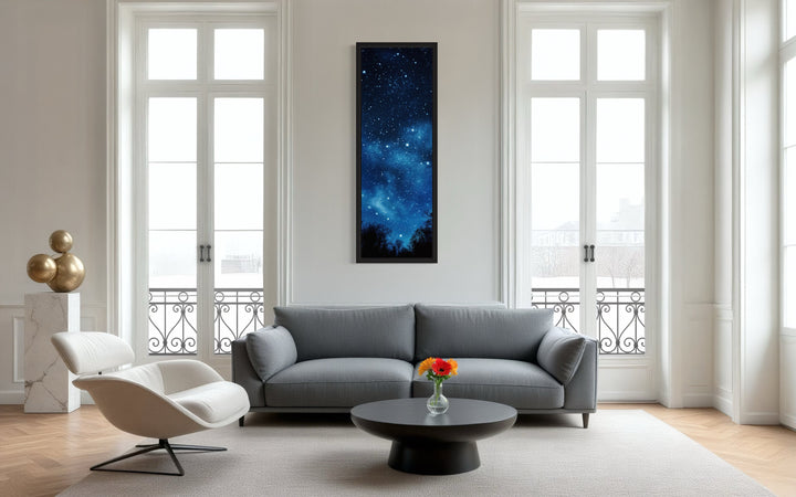 Tall Narrow Milky Way Stars Navy Blue Vertical Framed Canvas Wall Art