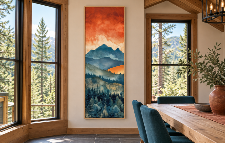 Tall narrow vertical canvas art of a mountain forest landscape under a vibrant orange sunset sky.