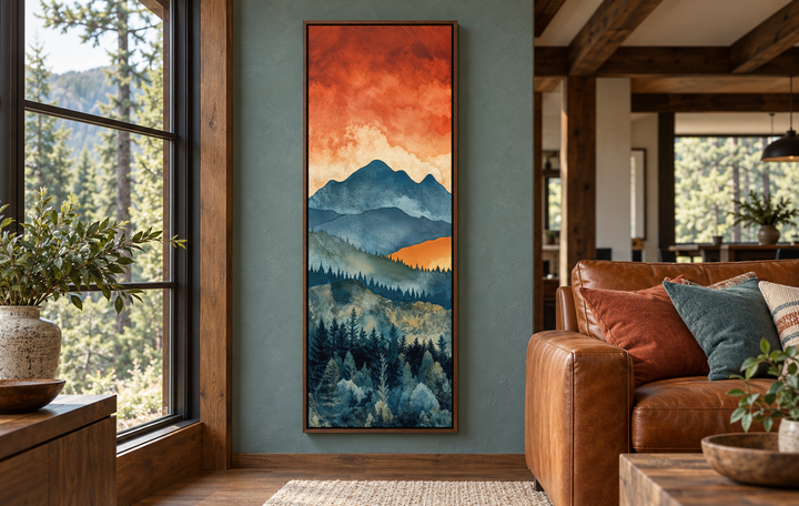 Tall narrow vertical canvas wall art of a mountain forest landscape under a sunset sky.