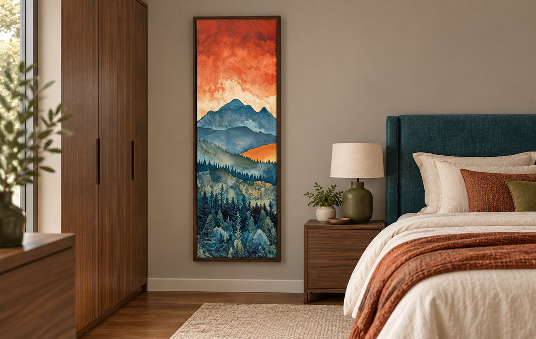 Tall narrow vertical canvas wall art of a mountain forest landscape under a sunset sky in a bedroom