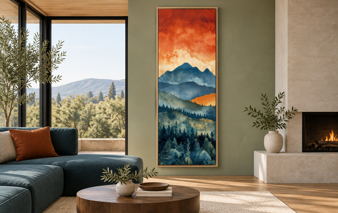 Tall narrow vertical canvas art of a mountain forest landscape under a vibrant orange sunset sky.