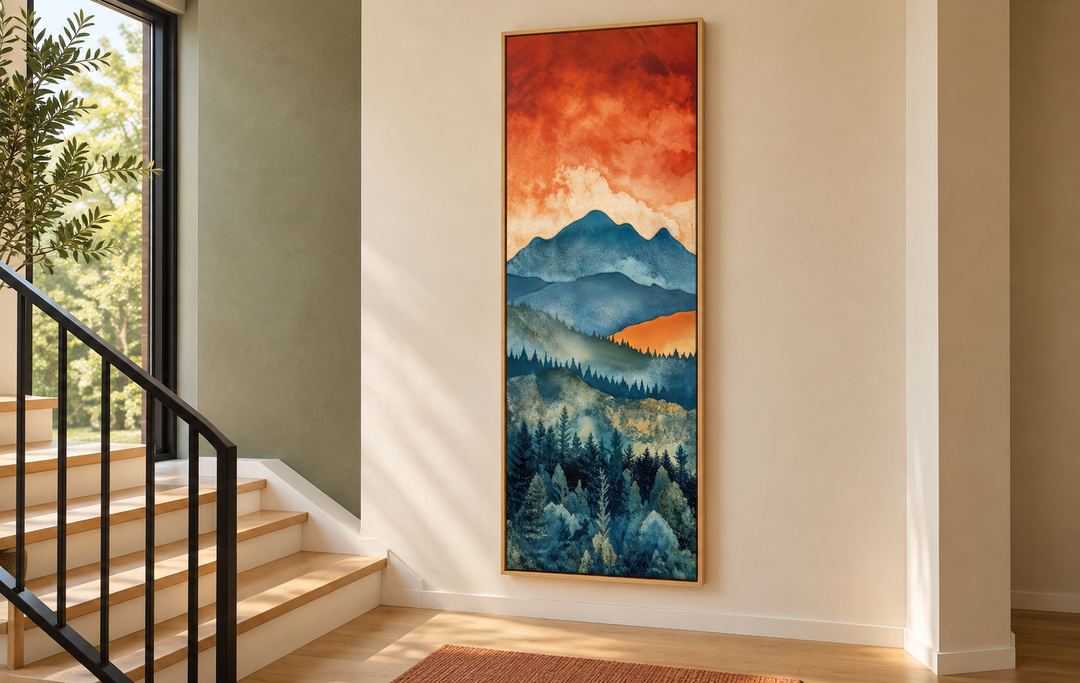 Tall narrow vertical canvas art of a mountain forest landscape under a vibrant sunset sky.