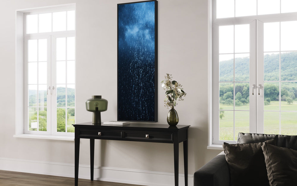 Tall Narrow Navy Blue Rain Vertical Framed Canvas Wall Art