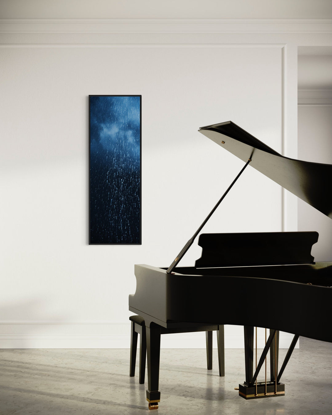 Tall Narrow Navy Blue Rain Vertical Framed Canvas Wall Art