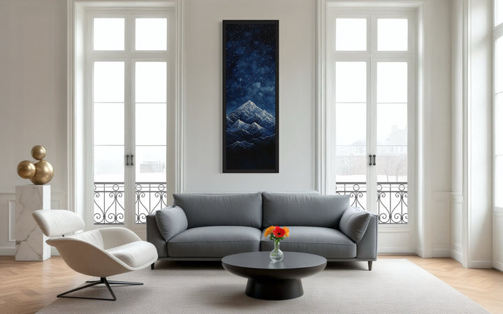 Tall Narrow Navy Blue Starry Night Over Mountains Vertical Framed Canvas Wall Art