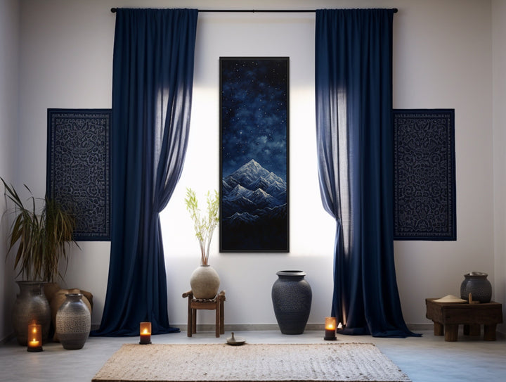 Tall Narrow Navy Blue Starry Night Over Mountains Vertical Framed Canvas Wall Art